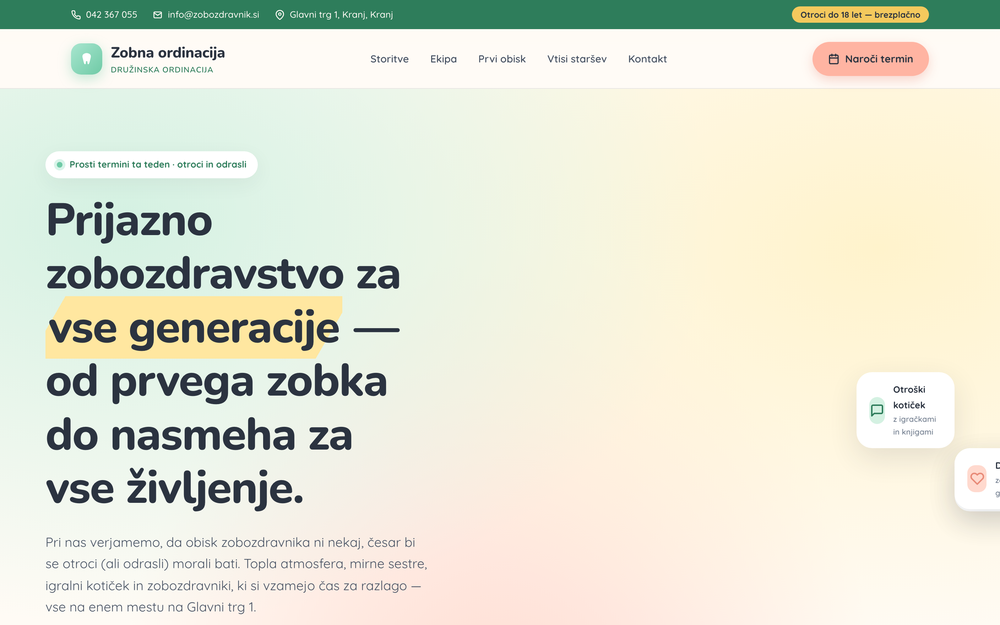 Primer spletne strani za zobozdravstveno ordinacijo